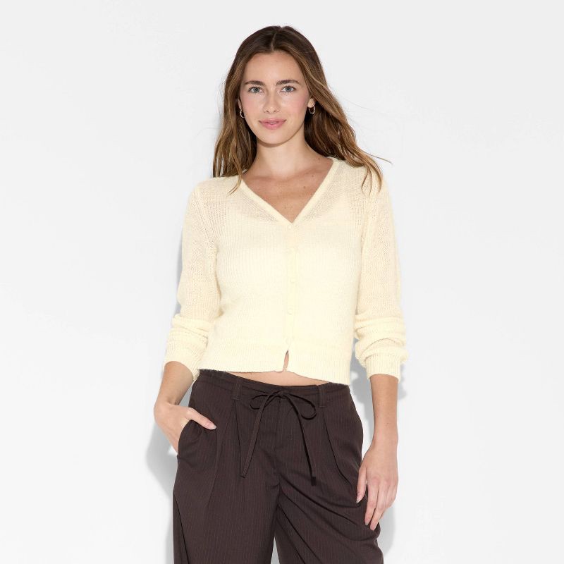 slide 2 of 3, Women's V-Neck Cardigan - Wild Fable™ Cream XXS, 1 ct