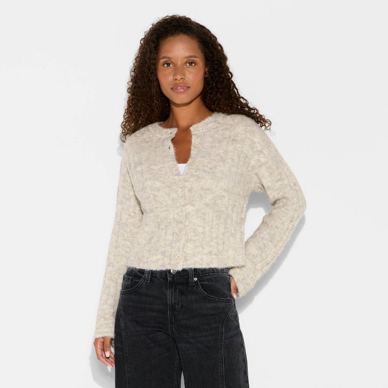slide 2 of 3, Women's Ribbed Crewneck Cardigan - Wild Fable™ Light Gray L, 1 ct