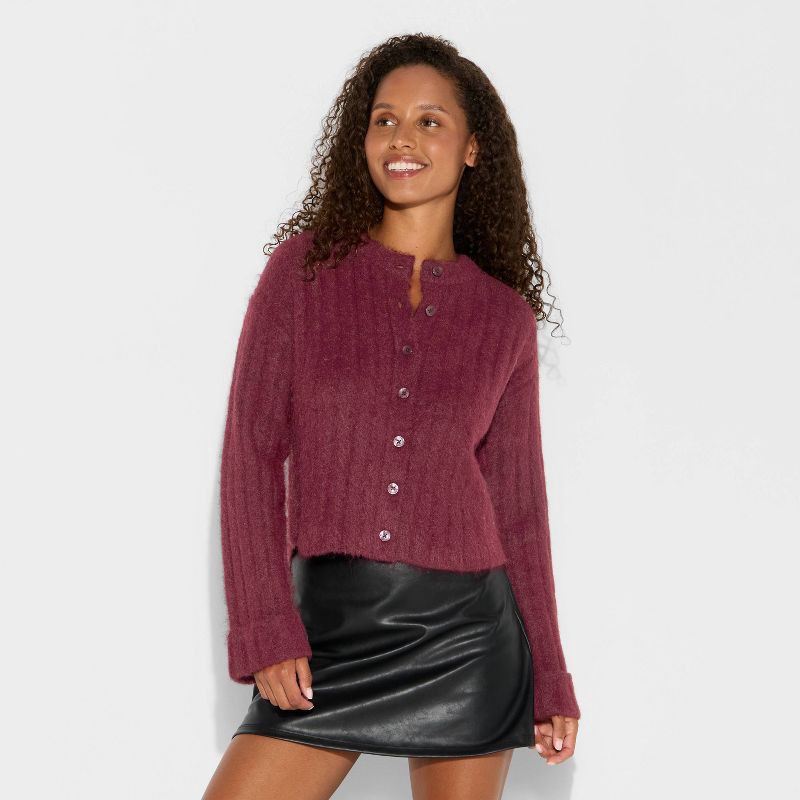 slide 2 of 3, Women's Ribbed Crewneck Cardigan - Wild Fable™ Burgundy XS, 1 ct