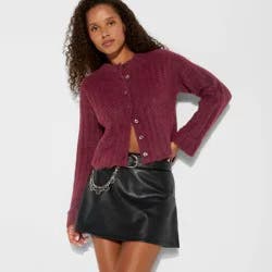 Women's Ribbed Crewneck Cardigan - Wild Fable™ Burgundy XS