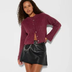 Women's Ribbed Crewneck Cardigan - Wild Fable™ Burgundy M