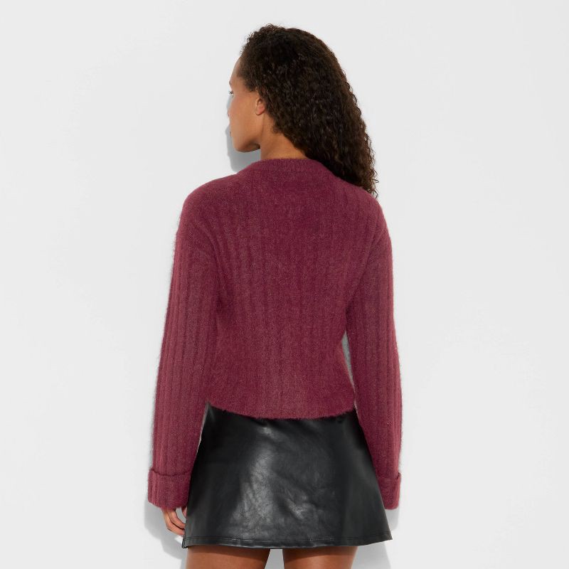 slide 3 of 3, Women's Ribbed Crewneck Cardigan - Wild Fable™ Burgundy L, 1 ct