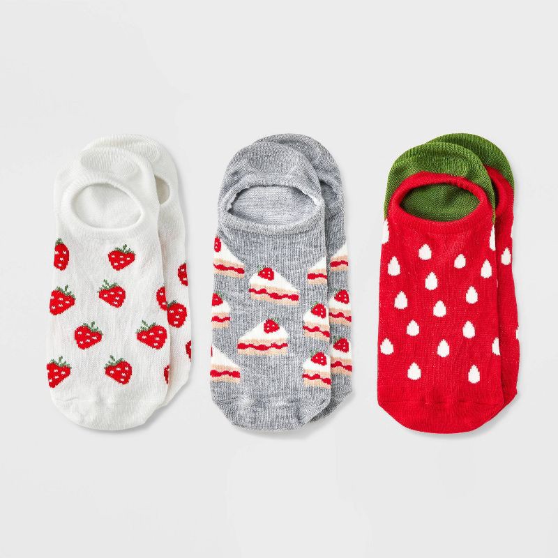 slide 1 of 3, Women's Strawberry 3pk Liner Socks - Red/Ivory/Heather Gray 4-10, 3 ct