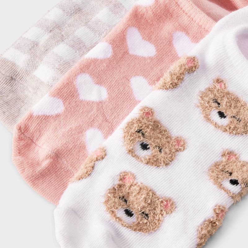 slide 3 of 3, Women's Teddy Bear & Hearts 3pk Liner Socks - White/Oatmeal Heather/Pink 4-10, 3 ct