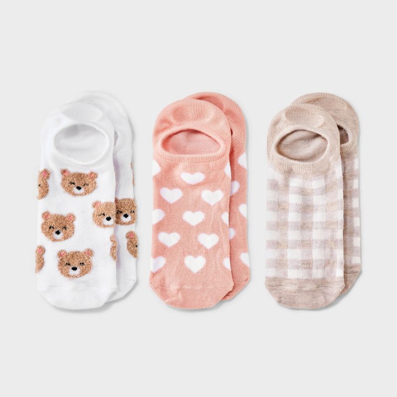 slide 1 of 3, Women's Teddy Bear & Hearts 3pk Liner Socks - White/Oatmeal Heather/Pink 4-10, 3 ct