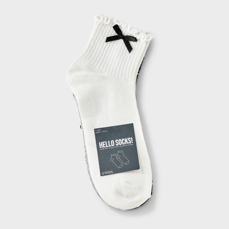 slide 2 of 3, Women's Lettuce Edge Applique Bow & Polka Dots 4pk Ribbed Ankle Socks - Ivory/Heather Gray/Black 4-10, 4 ct