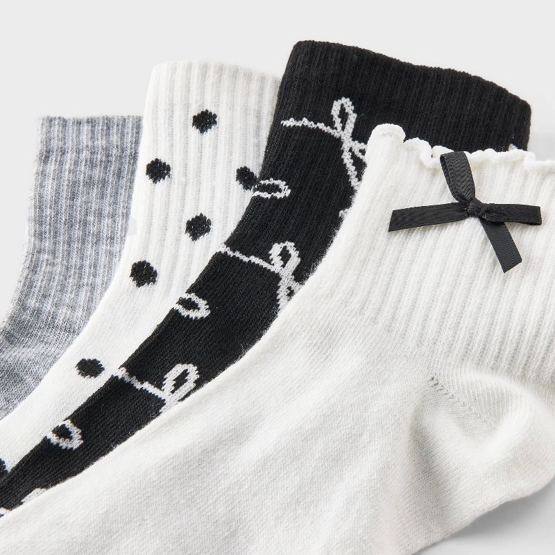 slide 3 of 3, Women's Lettuce Edge Applique Bow & Polka Dots 4pk Ribbed Ankle Socks - Ivory/Heather Gray/Black 4-10, 4 ct