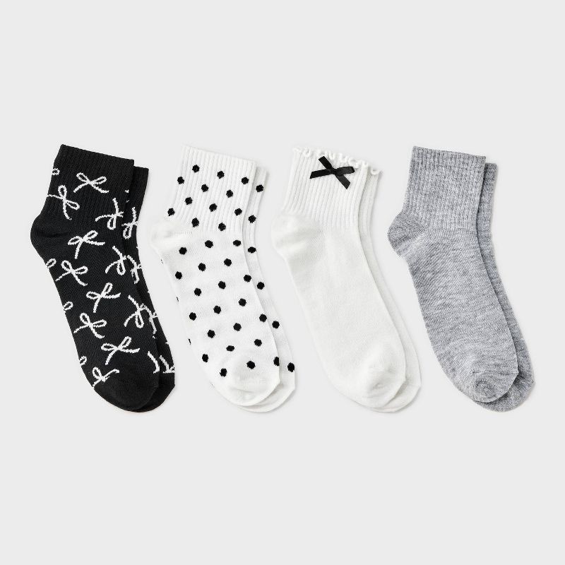 slide 1 of 3, Women's Lettuce Edge Applique Bow & Polka Dots 4pk Ribbed Ankle Socks - Ivory/Heather Gray/Black 4-10, 4 ct