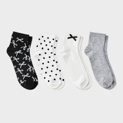 Women's Lettuce Edge Applique Bow & Polka Dots 4pk Ribbed Ankle Socks - Ivory/Heather Gray/Black 4-10