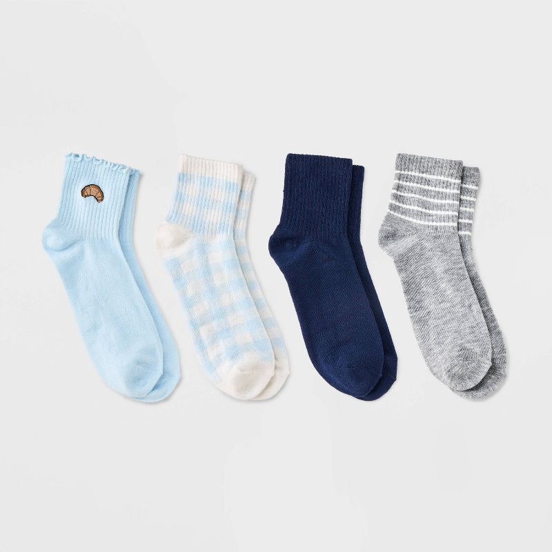 slide 1 of 3, Women's Lettuce Edge Embroidered Croissant & Gingham Check 4pk Ribbed Ankle Socks - Blue/Heather Gray/Navy 4-10, 4 ct