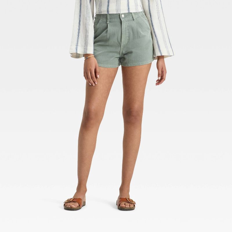 slide 1 of 5, Women's High-Rise Pleated Jean Shorts - Universal Thread™ Light Green 8, 1 ct