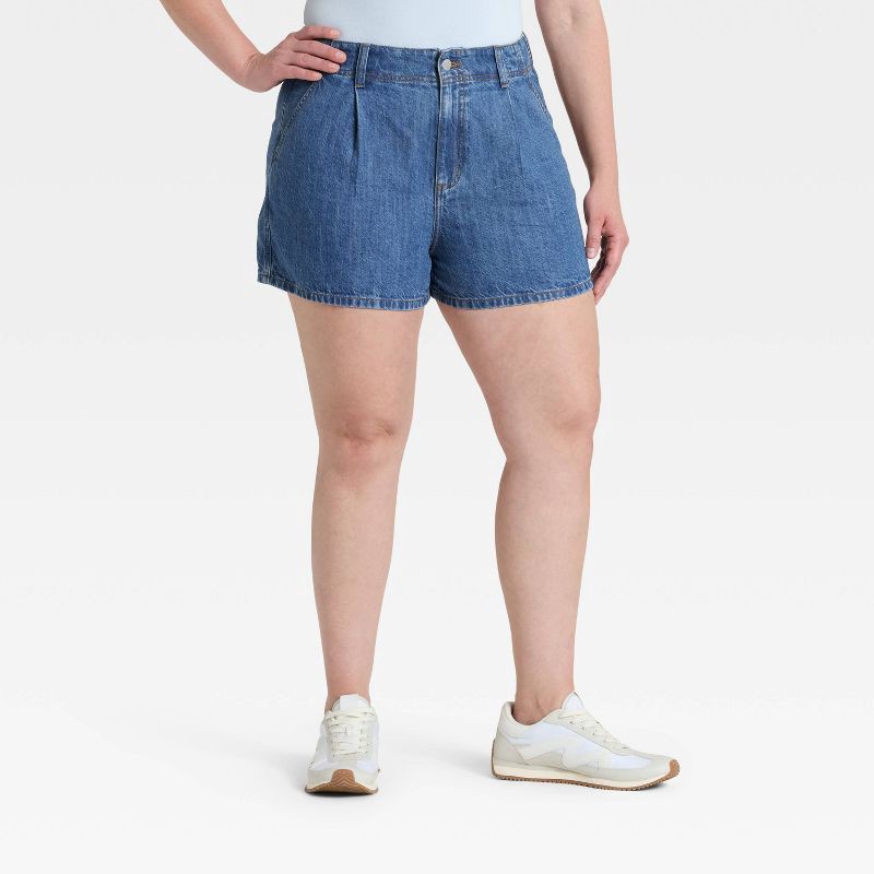 slide 4 of 5, Women's High-Rise Pleated Jean Shorts - Universal Thread™ Dark Wash 10, 1 ct