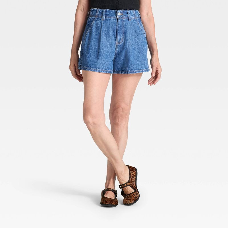 slide 1 of 5, Women's High-Rise Pleated Jean Shorts - Universal Thread™ Dark Wash 10, 1 ct