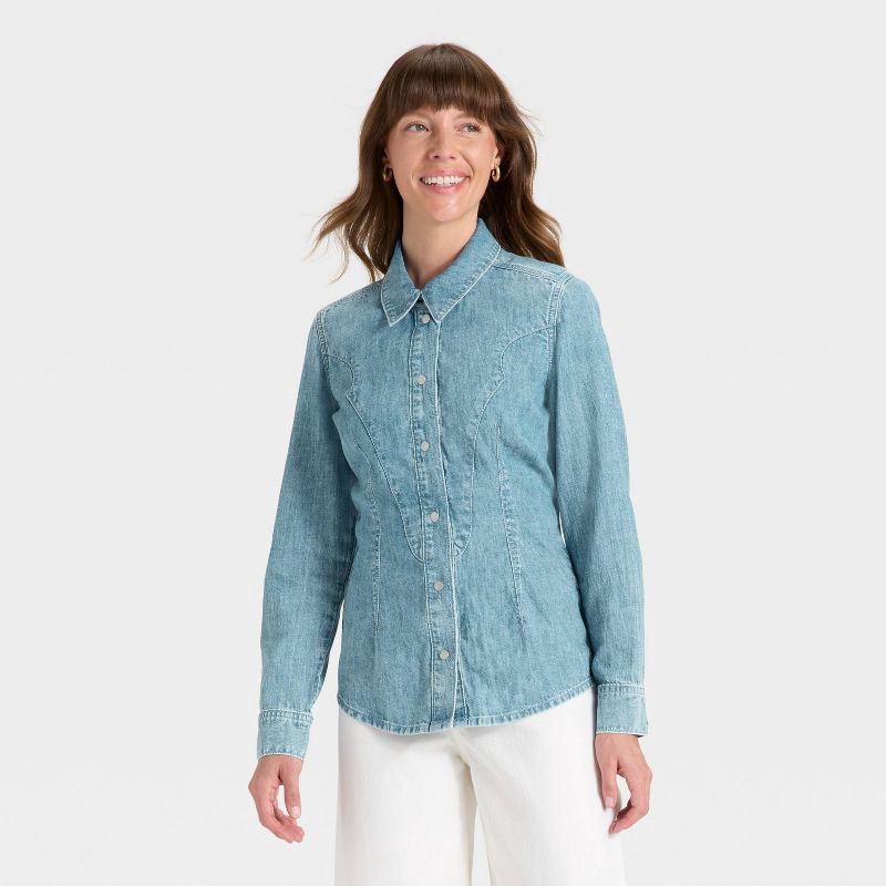 slide 1 of 3, Women's Denim Western Button-Down Shirt - Universal Thread™ Light Wash 6, 1 ct