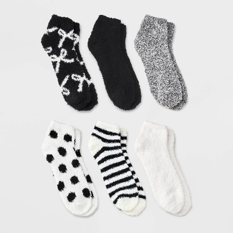 slide 1 of 3, Women's Bows & Polka Dots 6pk Cozy Low Cut Socks - Black/White 4-10, 6 ct