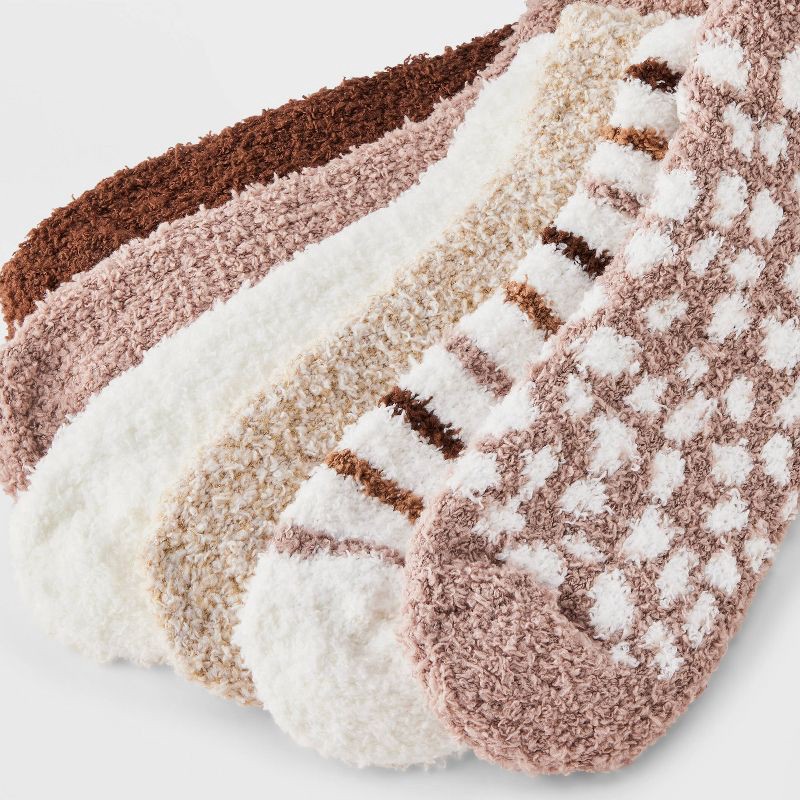 slide 3 of 3, Women's Leopard Print & Striped 6pk Cozy Low Cut Socks - Oatmeal Heather/Ivory/Brown 4-10, 6 ct