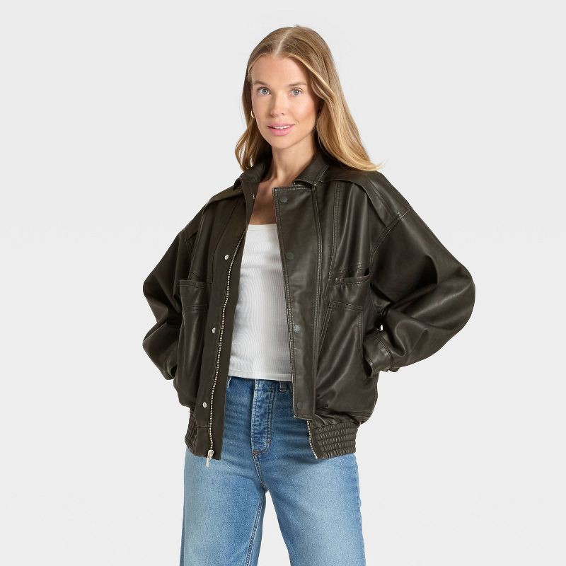 slide 1 of 3, Women's Relaxed Faux Leather Bomber Jacket - Universal Thread™ Black L, 1 ct