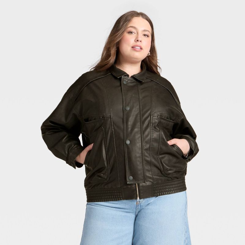 slide 1 of 3, Women's Relaxed Faux Leather Bomber Jacket - Universal Thread™ Black XXL, 1 ct