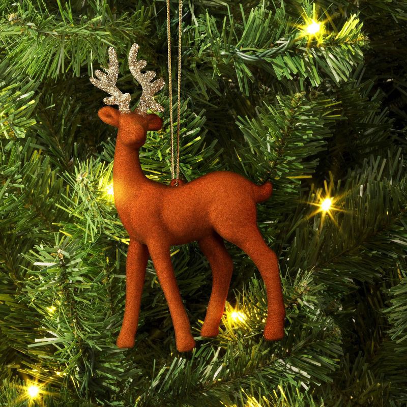 slide 2 of 3, 5.9" Christmas Flocked Deer with Glitter Antler Ornament Tan - Wondershop™, 1 ct