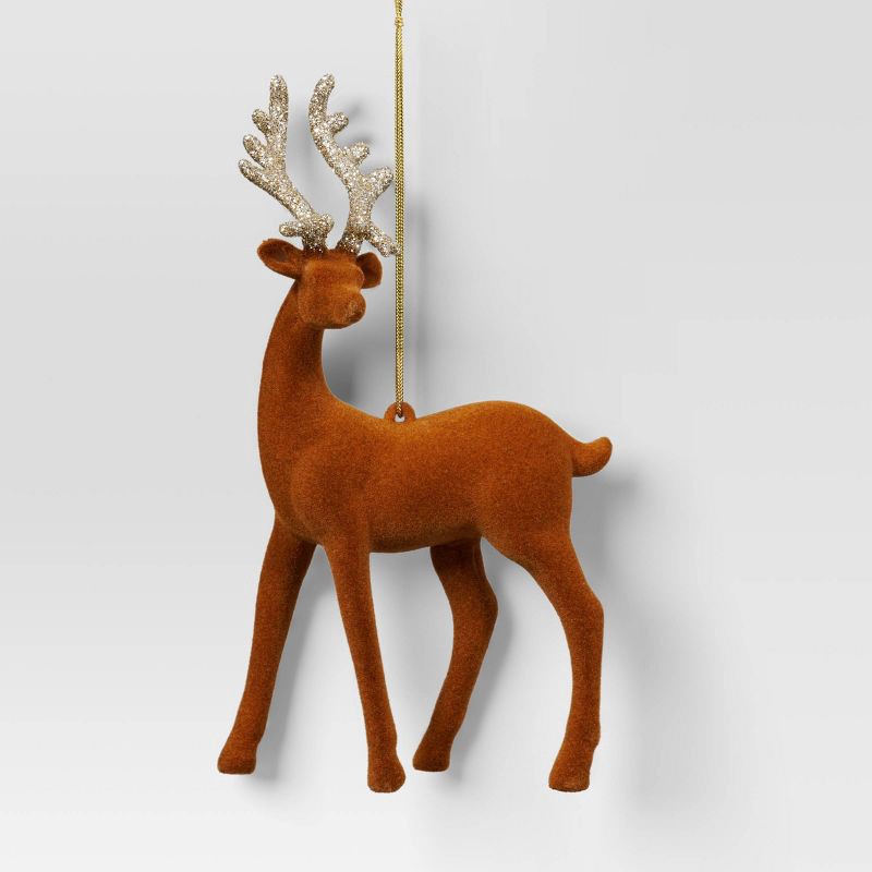 slide 1 of 3, 5.9" Christmas Flocked Deer with Glitter Antler Ornament Tan - Wondershop™, 1 ct