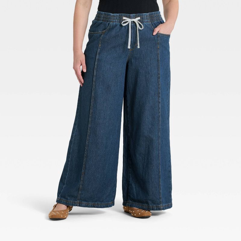 slide 2 of 5, Women's High-Rise Drawstring Wide Leg Relaxed Fit Beach Pants - Universal Thread™ Dark Wash XL, 1 ct
