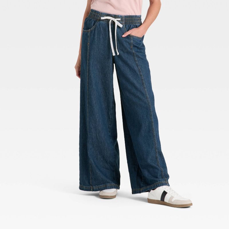 slide 1 of 5, Women's High-Rise Drawstring Wide Leg Relaxed Fit Beach Pants - Universal Thread™ Dark Wash XL, 1 ct