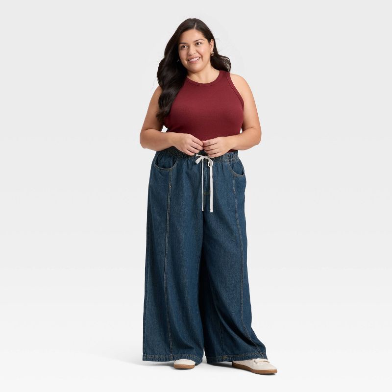 slide 2 of 5, Women's High-Rise Drawstring Wide Leg Relaxed Fit Beach Pants - Universal Thread™ Dark Wash XXL, 1 ct