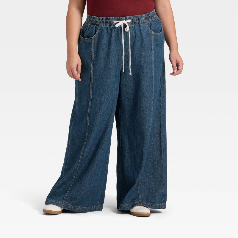 slide 1 of 5, Women's High-Rise Drawstring Wide Leg Relaxed Fit Beach Pants - Universal Thread™ Dark Wash XXL, 1 ct