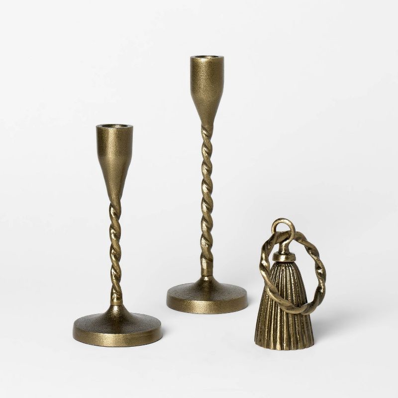 slide 1 of 3, Threshold designed w/Studio McGee 3pc Metal Taper Candle Holders and Candle Snuffer Set Gold - Threshold™ designed with Studio McGee, 3 ct