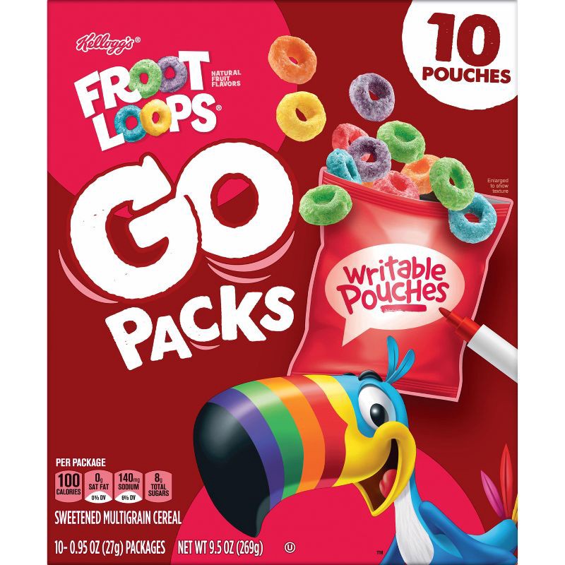 slide 2 of 8, Kellogg's Froot Loops Go Packs Breakfast Cereal - 9.5oz/10ct, 9.5 oz, 10 ct