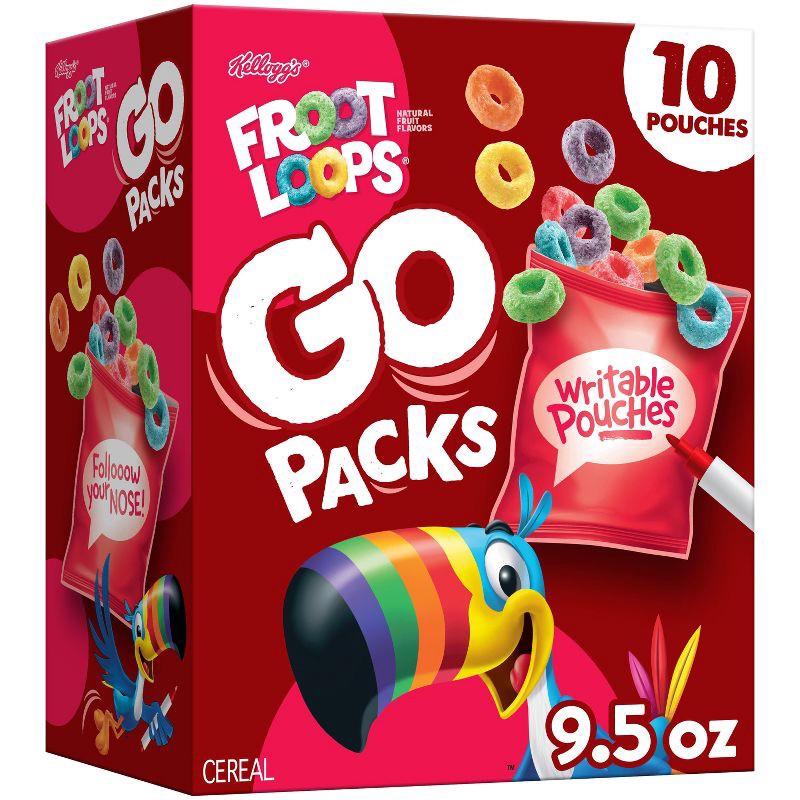slide 1 of 8, Kellogg's Froot Loops Go Packs Breakfast Cereal - 9.5oz/10ct, 9.5 oz, 10 ct