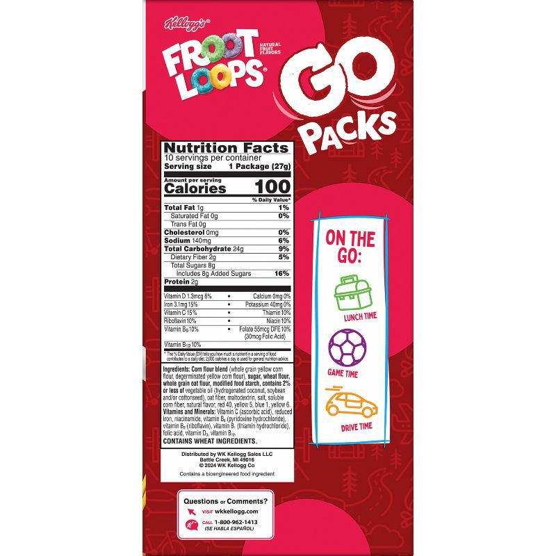 slide 4 of 8, Kellogg's Froot Loops Go Packs Breakfast Cereal - 9.5oz/10ct, 9.5 oz, 10 ct