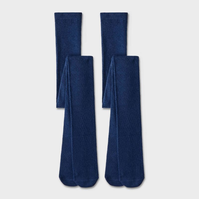 slide 1 of 3, Girls' 2pk Cotton Tights - Cat & Jack™ Navy Blue S, 2 ct