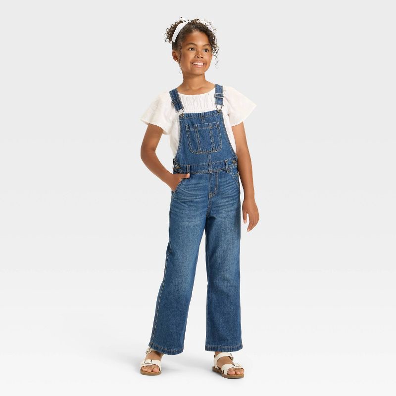 slide 3 of 3, Girls' Wide Leg Baggy Denim Overalls - Cat & Jack™ Dark Wash S, 1 ct