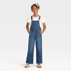 Girls' Wide Leg Baggy Denim Overalls - Cat & Jack™ Dark Wash L