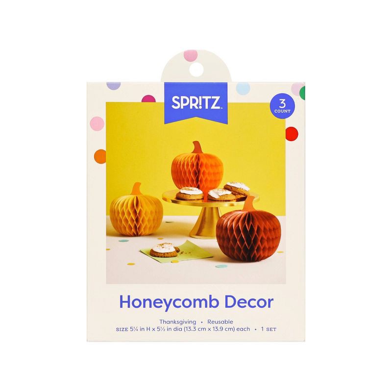 slide 2 of 3, 3ct Thanksgiving Honeycomb Pumpkin Decor - Spritz™, 3 ct