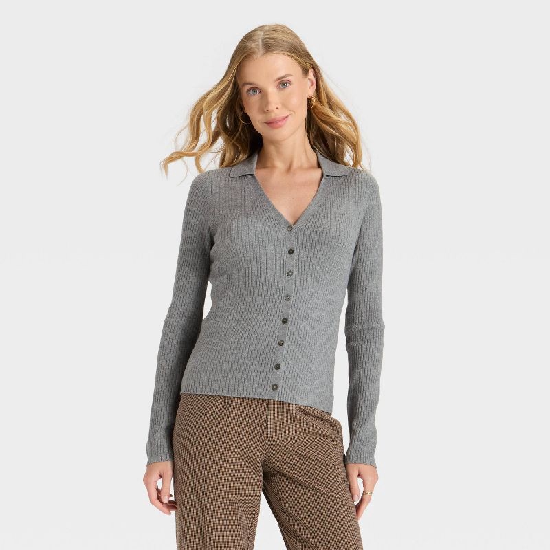 slide 1 of 3, Women's Ribbed Cardigan Sweater - A New Day™ Heather Gray XS, 1 ct