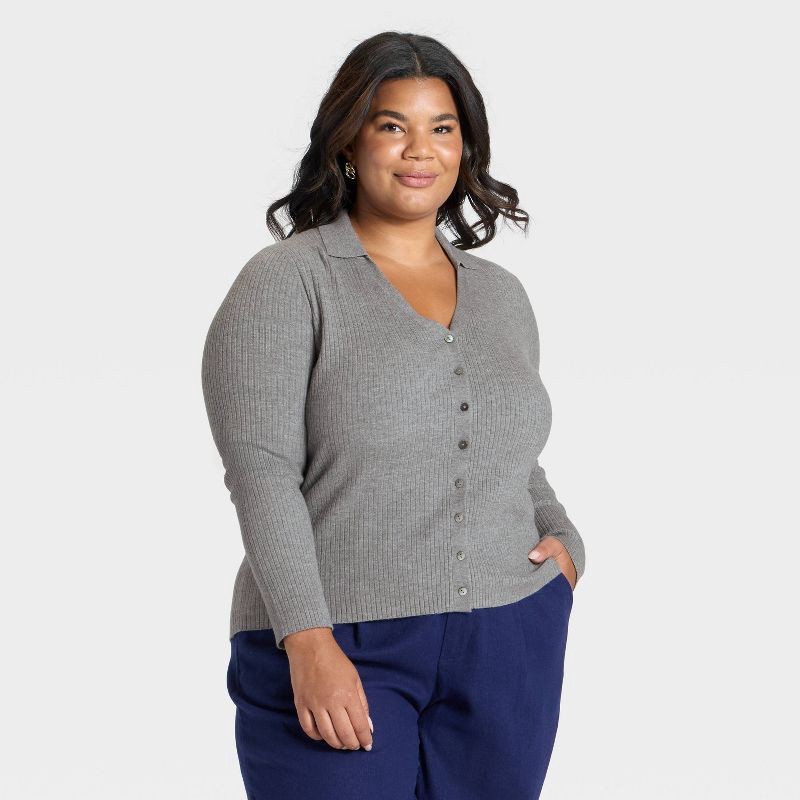 slide 1 of 3, Women's Ribbed Cardigan Sweater - A New Day™ Heather Gray XXL, 1 ct