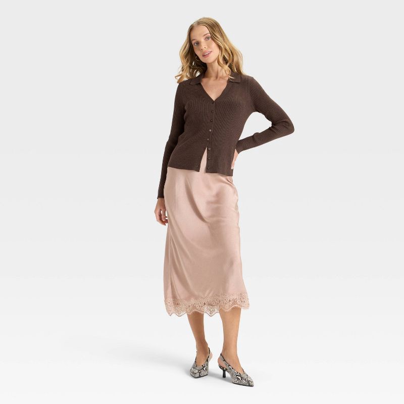 slide 3 of 3, Women's Ribbed Cardigan Sweater - A New Day™ Brown XS, 1 ct