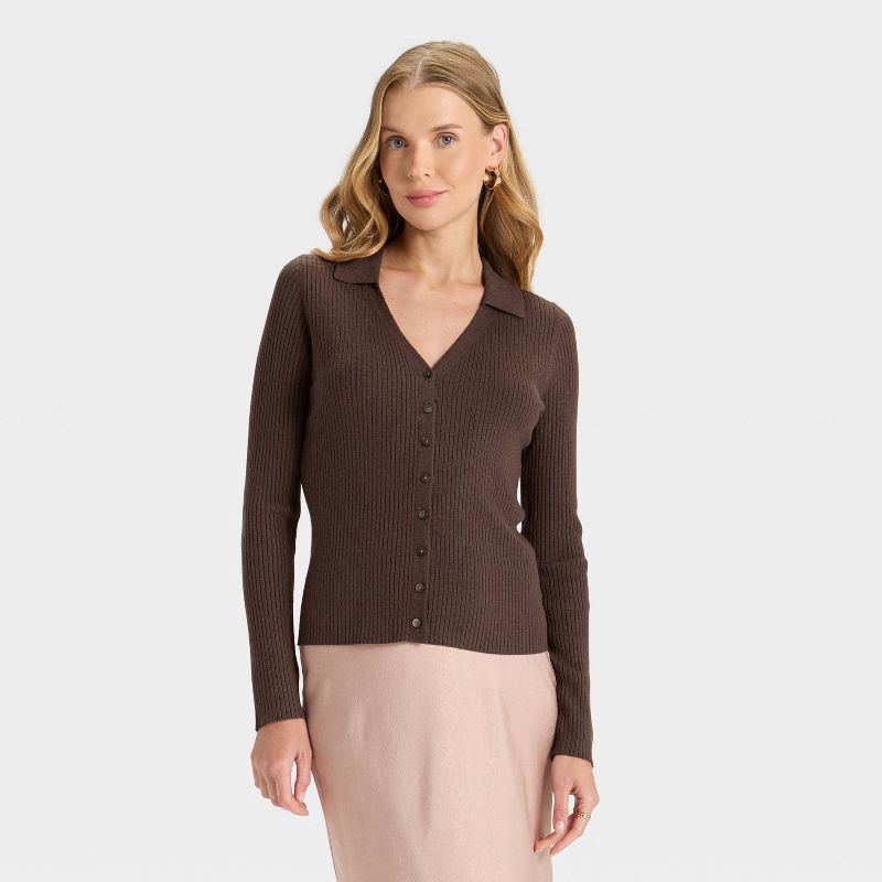 slide 1 of 3, Women's Ribbed Cardigan Sweater - A New Day™ Brown S, 1 ct