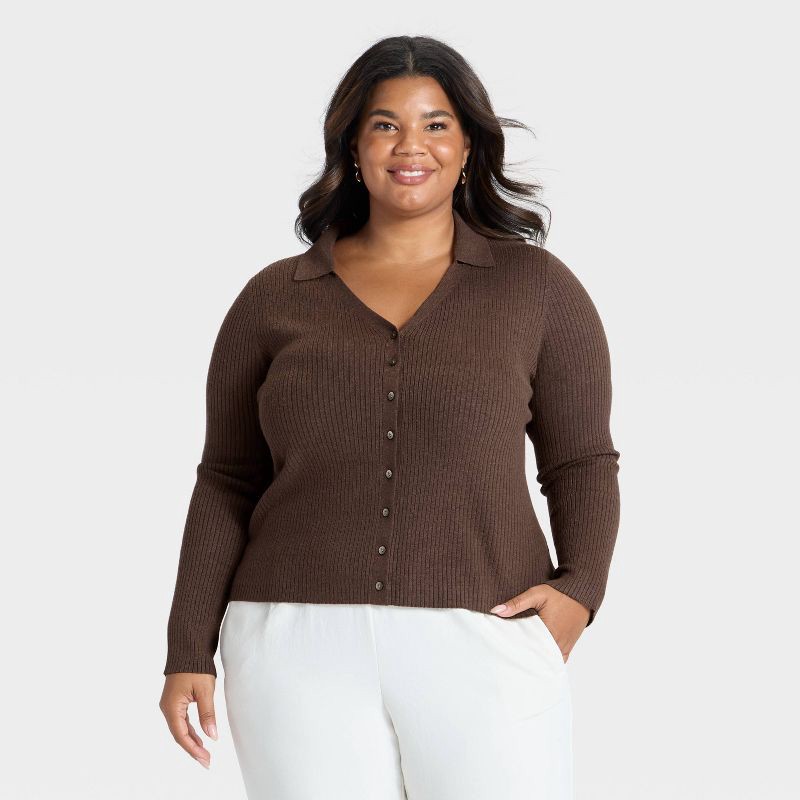 slide 1 of 3, Women's Ribbed Cardigan Sweater - A New Day™ Brown XXL, 1 ct