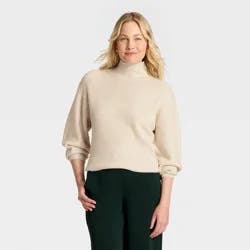Women's Long Sleeve Mock Turtleneck Funnel Pullover Sweater - A New Day™ Oatmeal S