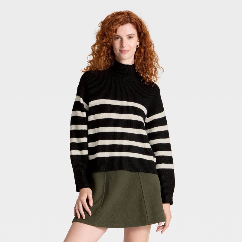 slide 1 of 3, Women's Funnel Pullover Sweater - A New Day™ Black/Cream Striped XS, 1 ct