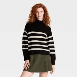 Women's Long Sleeve Mock Turtleneck Funnel Pullover Sweater - A New Day™ Black/Cream Striped L