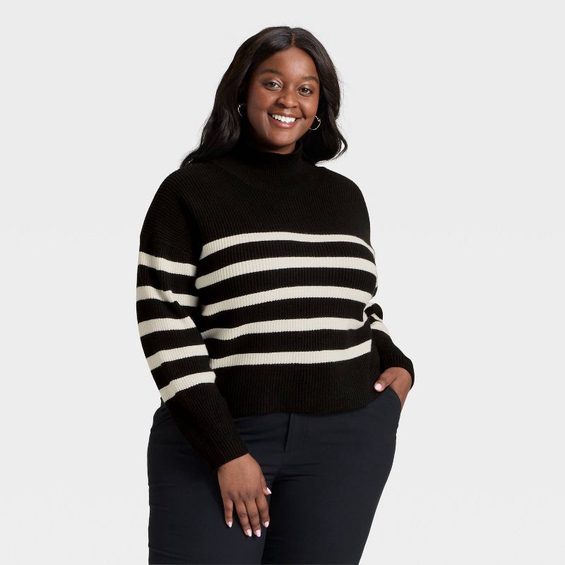 slide 1 of 3, Women's Funnel Pullover Sweater - A New Day™ Black/Cream Striped XXL, 1 ct
