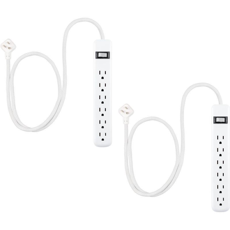 slide 1 of 8, General Electric 2pc Multipack 2' 6 Outlet Surge Protector 245J White, 2 ct