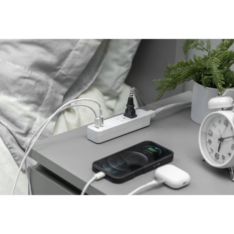slide 12 of 12, General Electric GE 2 Outlet 2 USB-C 12W and 6 Outlet 245 Joules 2' Braided Cord White Combo Pack, 1 ct