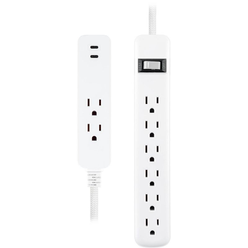 slide 1 of 12, General Electric GE 2 Outlet 2 USB-C 12W and 6 Outlet 245 Joules 2' Braided Cord White Combo Pack, 1 ct