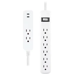 General Electric GE 2 Outlet 2 USB-C 12W and 6 Outlet 245 Joules 2' Braided Cord White Combo Pack