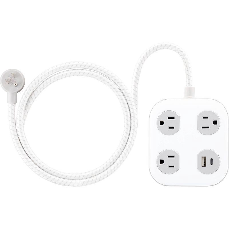 slide 1 of 8, General Electric GE 3 Outlet 1 USB-A 1 USB-C 12W Shared 245 Joules 4' Braided Cord White Gray, 1 ct